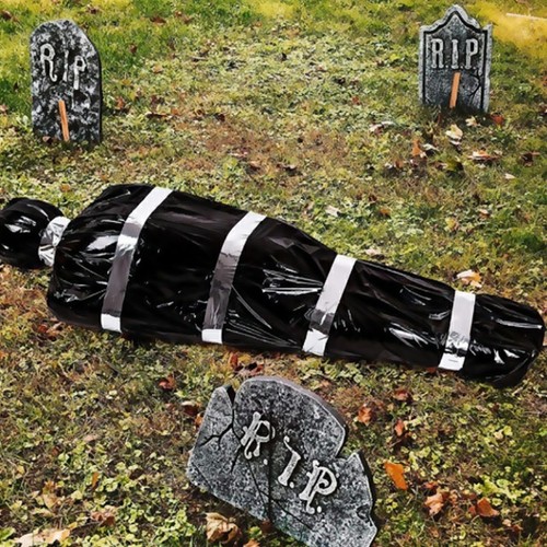Scary fake corpse bag - in, dead